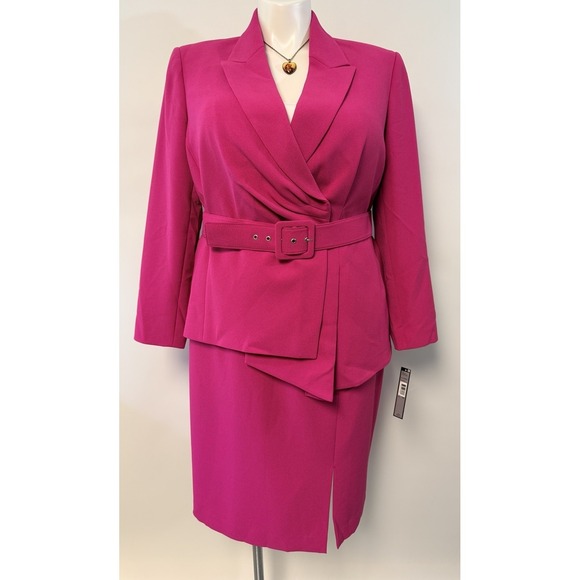 Tahari Dresses & Skirts - NEW $349 Tahari ASL Skirt Suit Womens Sz 18W 2 Pc Set Pink Belted Blazer Midi